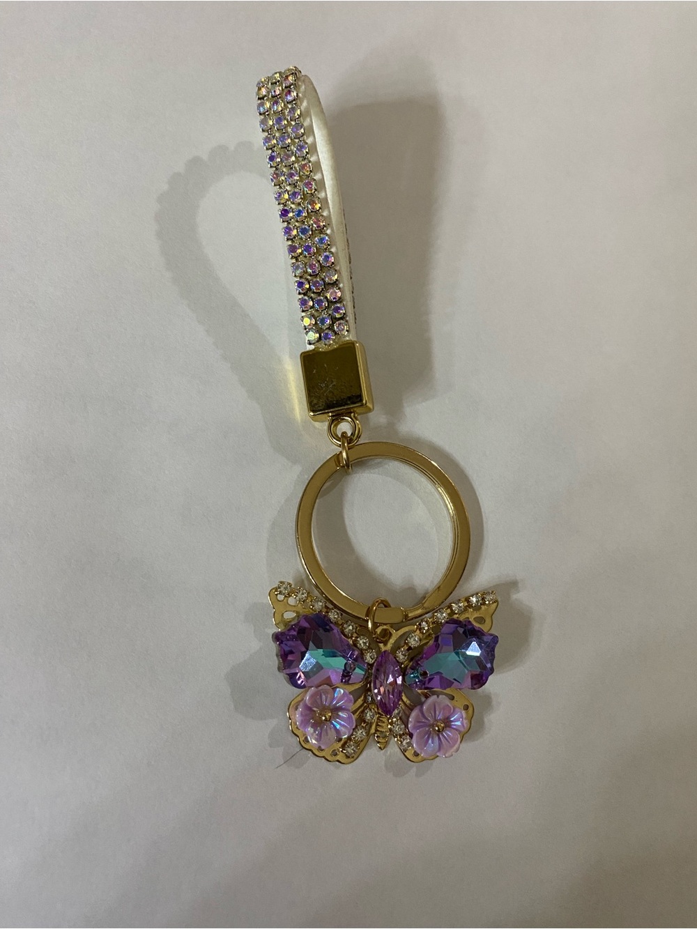 Gold-Tone Keyring Wristlet with Purple Crystal Butterfly Charm